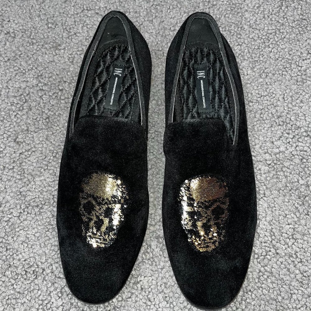 Sequin SKULL Black VELVET Slipper Shoes to wear for Halloween NWOT Men's 8